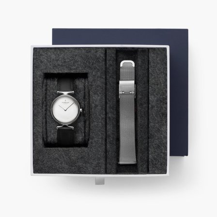 Nordgreen - Dänisches Design Damenuhr in Silber - Unika - SET Poliertes Edelstahl Ziffernblatt Silber | Armbänder Schwarz / Mesh