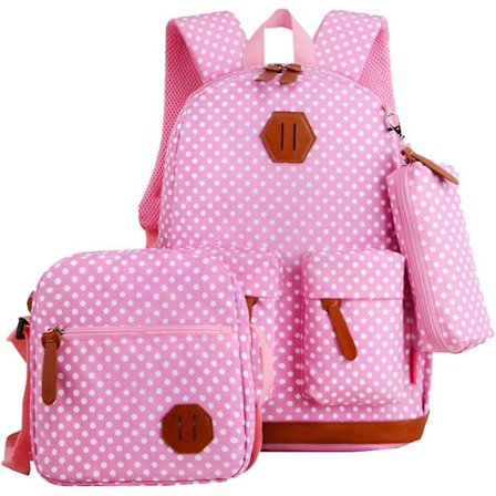 3-pack Polka Dot Ryggsäck för Grundskolan, Mellanstadiet och Högstadiet - Bokväska för Tonårsflickor
