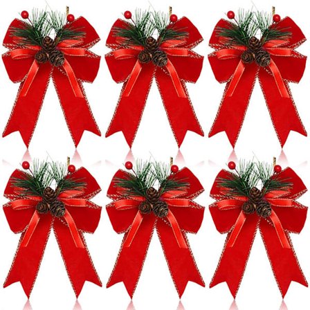 6 stk. julebøffelternet sløjfe ternet båndsløjfe med fyrrekoglesløjfer til julefester