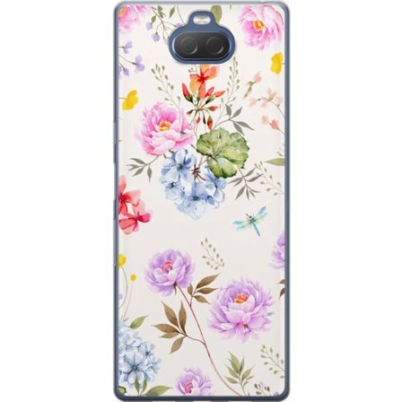 Yhteensopiva Puhelinkuori Sony Sony Xperia 10 Plus Kukkakuviota käsinmaalatuilla kukilla, perhosilla ja hyönteisillä romanttiseen skandinaaviseen t