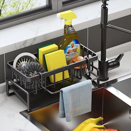 Køkkenarrangør, Rustfrit stål køkkenvaskarrangør med selvdrenerende drypbakke til svampestativ, håndklædeholder, sort.