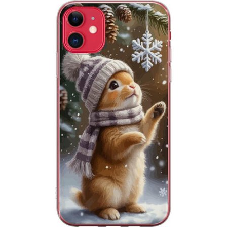 Kompatibelt Mobildeksel til Apple Apple iPhone 11 Vinterkanin med lue og skjerf som beundrer en snøflak, et varmt og sjarmtfullt vintermotiv fylt av
