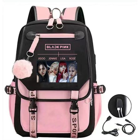 Skolebagg 2024 med USB-lading og hodetelefonport (blackpink) - Blackpink Ryggsekk Laptop Bag [HK]