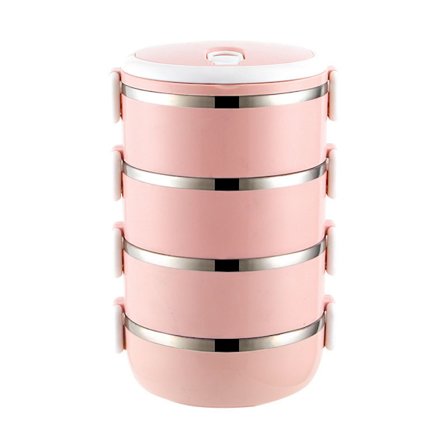 4-lags rund matboks i rustfritt stål, matoppbevaringsboks, matboks for barn, varm mat (rosa)