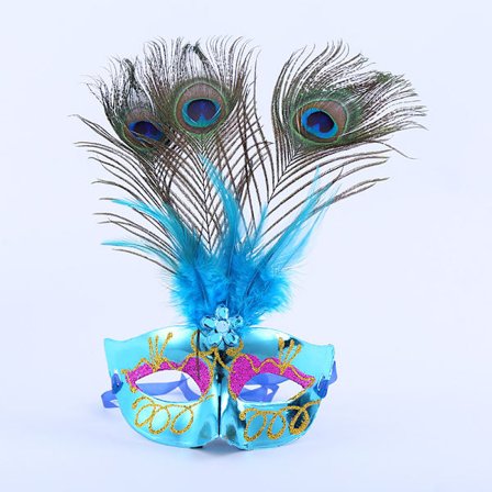En maske med 3 huller i halen, blå påfugl fjer maske til maskerade