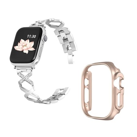 Apple Watch Ultra klockarmband i rostfritt stål med strassdekor och fodral i roséguld - Silver
