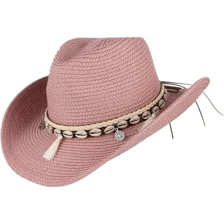 Women's Summer Straw Cowboy Cowgirl Hat Sun Hats Wide Brim Beach Vacation Straw Hat with Shell Strap