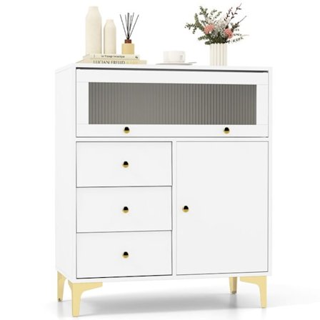 COSTWAY Kommode med Snoet Glasdør og 3 Skuffer, til Soveværelse, Stue, 80x40x95,5 cm, Hvid