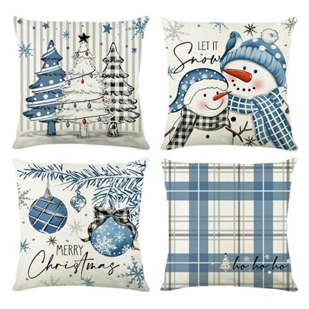 Juleputetrekk 45x45 - Sett med 4 blå og hvite dekorative, linputetrekk med tre juledekorasjon for hjemmeinteriør, sofaputer