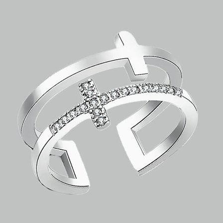 Dobbel kryss åpen ring diamant ring smykker kvinners ringer sølv finger ring gave (hvitgull)