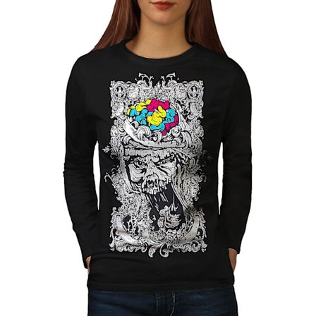 Skull Face Hjärna Kvinnor Svart Långärmad T-shirt | Wellcoda