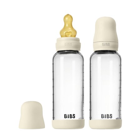 BIBS Glass Baby Bottle Round Latex 2-Pak Ivory 240 ml Medium Flow, Børn & Forældre, Sutteflasker & Tilbehør, Sutteflasker