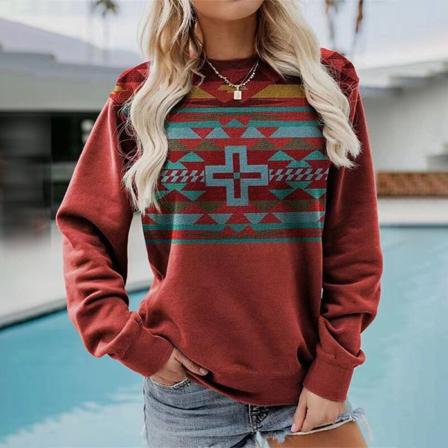 Långärmad Tröja Med Geometriskt Print För Damer Baggy Sweatshirts