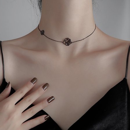 n Camellia Halsband Gothic Black Rose Kort Halsband Neck Chai