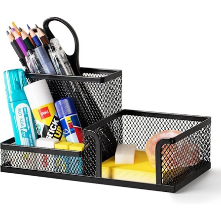 Skrivebordsorganisator i netting, skrivebordsoppbevaring med pennholder, stasjonær organisator for skole, hjem, kontor, skrivebordsmateriell, svart—