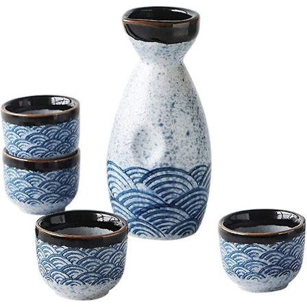 Sake Set med Japansk Kulturdesign, Mikrovågsugns- och Diskmaskinssäker Keramik med Ugnsväxling, Inkluderar 4 Koppar och 1 Serveringskaraff i Klassisk 