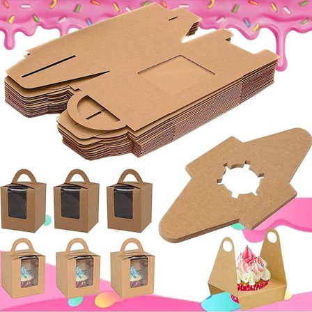 25 stk. (brune) bærbare cupcake-æsker, individuelle cupcake-æsker med vindue, med PVC-indsats og håndtag og display-vindue, til fødselsdagsfest 