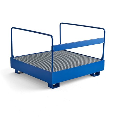 Fatpall för 4 stående fat med galler, skyddsräcke, 1250x1250x910 mm, 310 liter