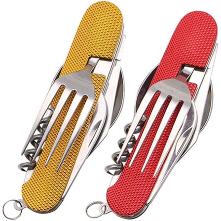 2 stk. Sammenfoldeligt Camping Bestik Sæt Rustfrit Stål Redskab 6 i 1 Multiværktøj Udendørs Overlevelsesrejse Vandretur Bestik Sæt