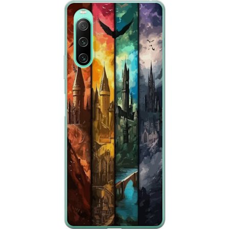 Kompatibelt Mobildeksel til Sony Sony Xperia 10 IV Fire magiske slott i forskjellige elementfarger, episk fantasikunst med ild vann luft og mørke i d