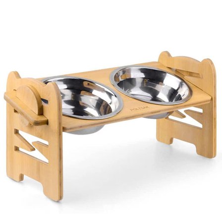 Hevet hundeskål med stativ, høydejusterbar fôringsskål for store og ekstra store hunder, slitesterk fôringsstasjon i bambus med 2 rustfrie stålskåler
