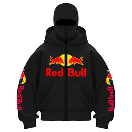 Ny Red Bull sportsmote-hettegenser med glidelås for menn, høst/vinter, med hette og maske, sportsjakke for utendørsaktiviteter