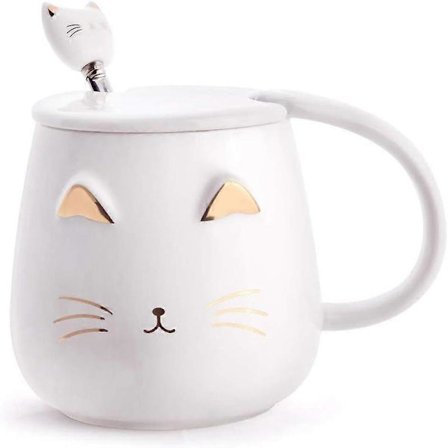 Hvid Kat Krus, Sødt Keramisk Kaffekrus med Rustfri Stål Ske, Nyhed Kaffekrus Kop til Katteelskere Kvinder Piger
