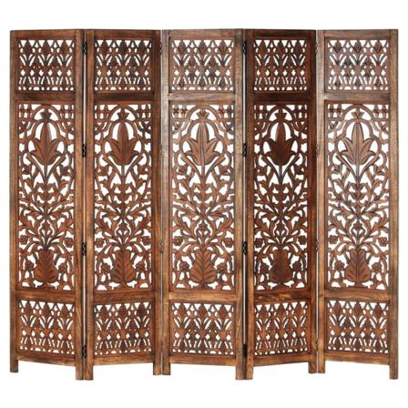 Vidaxl Rumsavdelare 5 Paneler Handsnidad Brun 200x165 Cm Mangotr Grå