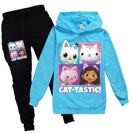 Børnepige Tegneserie Trykt Hoodie Sweatshirt + Sweatpants Casual Hooded Outfits Sæt Tracksuit 7-14 År Light Blue 9-10 Years