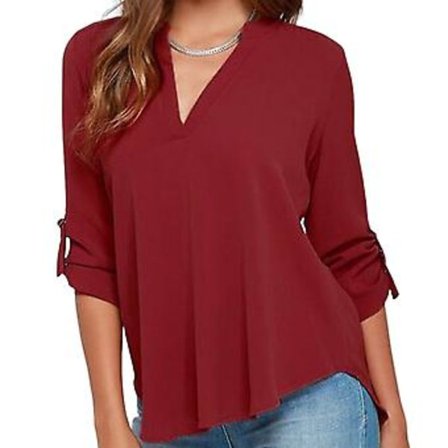 Dame Ultratynd Skjorte Bluse Blød Polyester Åndbart Stof Skjorter (L Vinrød)
