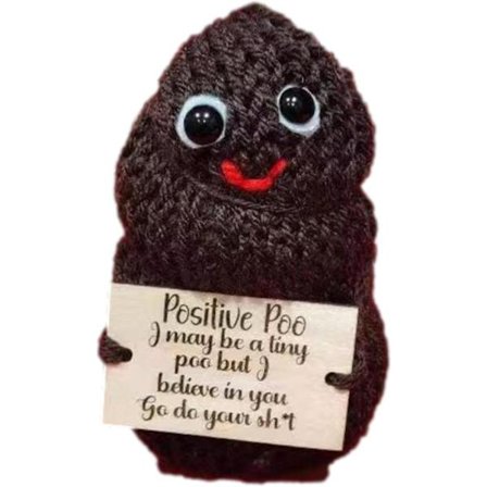 Oppmuntringspotet, positiv potetgave, morsomme potetgaver, morsom strikket potet med positivt kort, inspirerende potedukke lommeklem, til bursdag