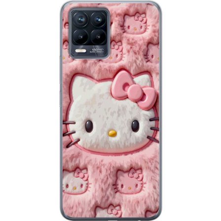 Kompatibel Mobilcover til Realme 8 Hello Kitty lyserød fluffy baggrund med ikonisk ansigt og kawaii-æstetik