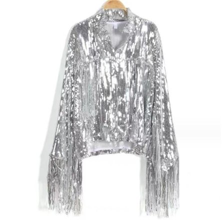 Damejakke med pailletter og frynser, lange ærmer