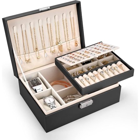 2-lags Stor Smykke Organiser Box, PU Læder, Smykke Organiser til Øreringe Ringe Halskæder Ure Armbånd