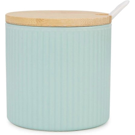 Keramisk Sukkerskål, Sukkerdåse med Trælåg og Porcelænsske 250ml i Stribet Form, Mat Turkis