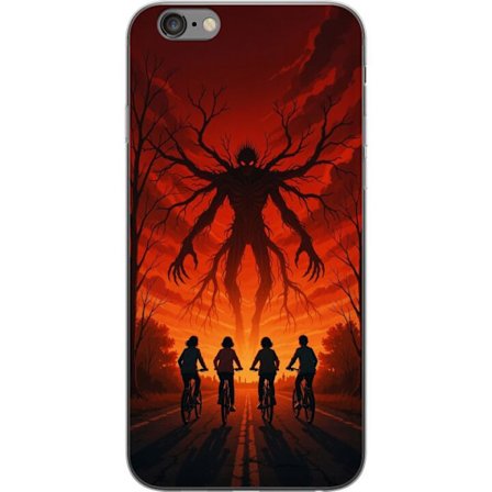 Kompatibelt Mobildeksel til Apple Apple iPhone 6 Plus Mørk Stranger Things-inspirert skrekkillustrasjon med rød himmel, monsterfigur og syklende bar