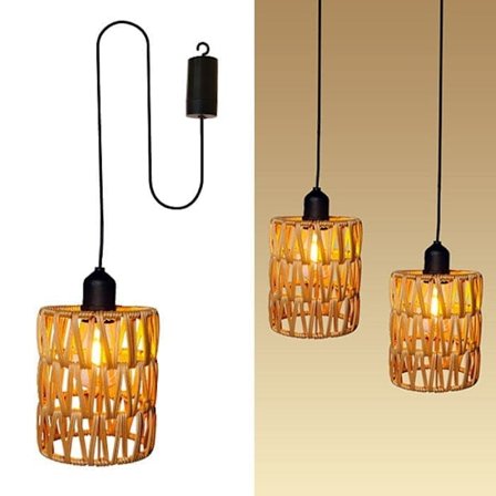 Loftlampe med fjernbetjening – dekorativ rottinglampe med pære, batteridrevet pendellampe_TF_TF