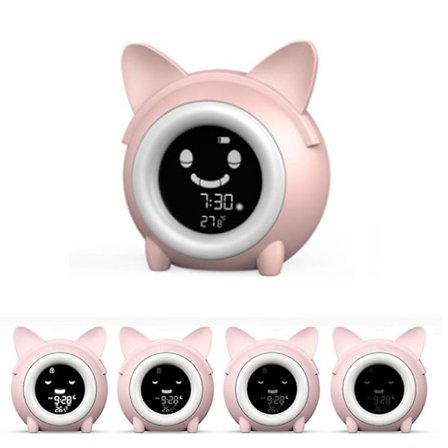 Klocka för barn med tecknad katt, nattlampa, väckarklocka för barn, digital elektronisk klocka (rosa)