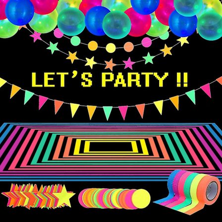 150 fot Neon Partyutstyr Glow Partysett, 6 Farger 100 fot UV Svart Lys Aktiveringsbånd, 40 fot Neon Girlander Polka Dot Stjerne Hengedekorasjon 25 UV 