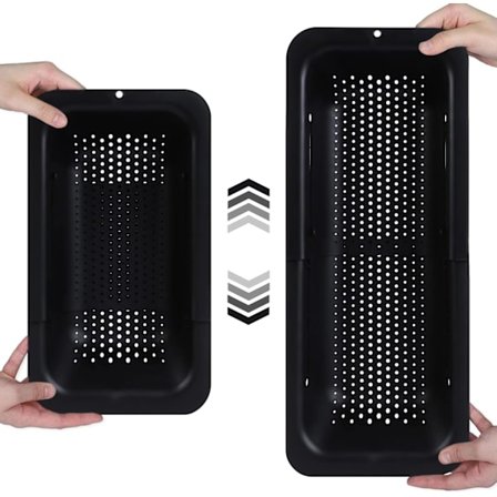 Sort Hængende Dørslag til Vask - Til Vask af Grøntsager og Frugt, Dræning af Kogt Pasta og Tørrede Retter - Udtrækkelig - Nyt Hjem Køkken Essentielt