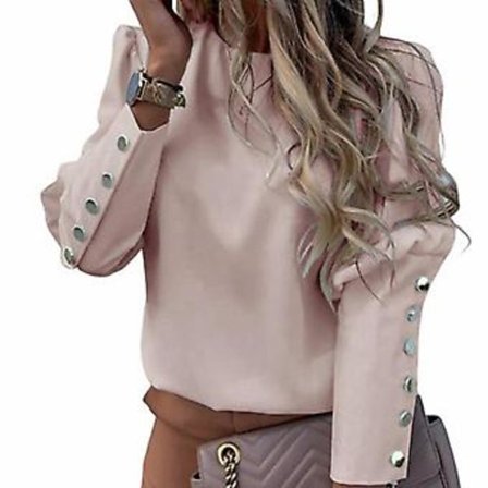 Dam Casual Skjortor Långärmad Metallknapp Design Rundhalsad Toppar (S Rosa)