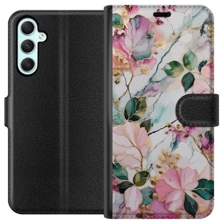 Kompatibel Tegnebogsetui til Samsung Galaxy A34 Abstrakt marmormønster med blomster, blade og gyldne detaljer i bløde pastelfarver