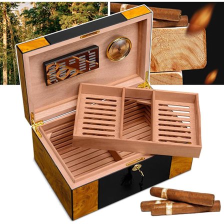 Dobbeltlags cigar humidor, bordplade cedar humidor med hygrometer og sikkerhedslås, cigar opbevaringsboks, rummer 150 cigarer, herre cigar gaver