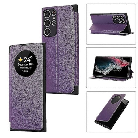 Fodral för Samsung Galaxy S24, Smart Sleep/Wake Up Funktion Visningsfönster Premium Läder Flipfodral med Kortplats, Ställ Trådlös Laddning-Perfekt