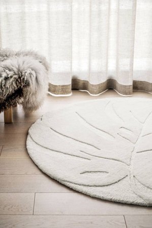 Tapis De Laine Floral Monstera Blanc Écru Rond Petit Oeko-Tex