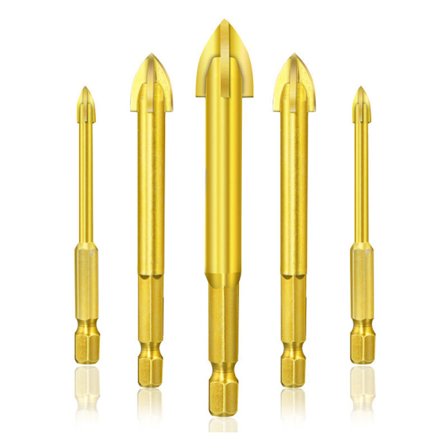 Lasin, keraamisten laattojen, kristallin, volframiteräksen poranterät kuusiovarrella, titaanipinnoite, 3 mm, 4 mm, 5 mm, 6 mm, 7 mm, 5 kpl