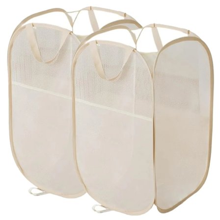 2 hopfällbara tvättkorgar, 70 liter pop-up tvättkorg hopfällbar stor med nät 36x36x58 cm beige