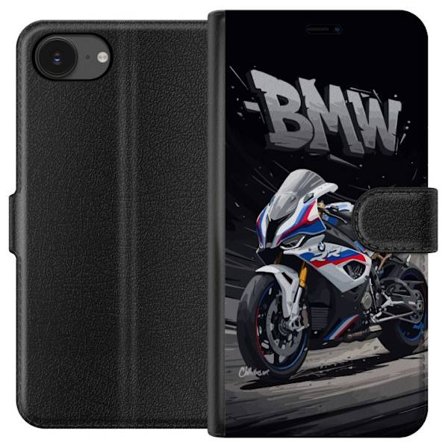Apple iPhone 16e Lommeboketui BMW sportsmotorsykkel illustrasjon hvit og blå supersport sykkel for motorsykkelentusiaster som elsker fart, kraft og r