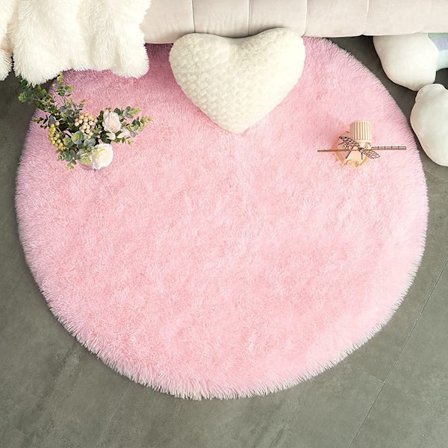 Rund teppe i ren farge, diameter 100 cm/39,4", myk plysj, sklisikkert teppe, fluffy teppe (Rosa)