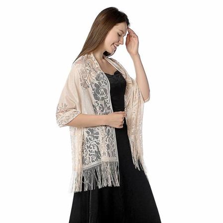 Kvinde Floral Lace Mesh Pashmina Fest Bryllup Sjal Tørklæde Med Frynser Beige
